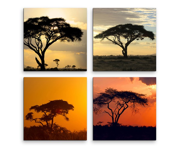 4 teiliges Leinwandbild je 30x30cm - Akazienbaum Afrika Sonnenuntergang Wüste