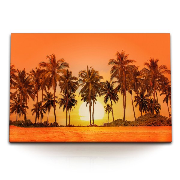 120x80cm Wandbild auf Leinwand Roter Himmel Palmen Sonne Sonnenuntergang Rot