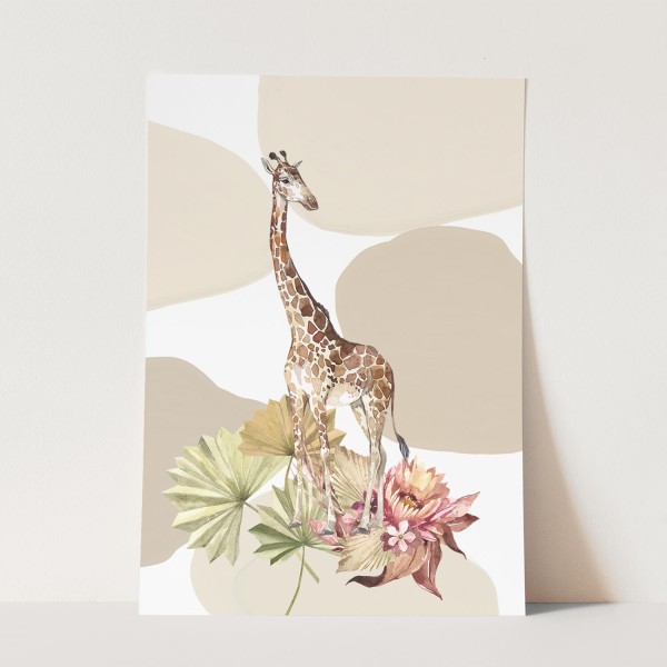 Wandbild Tier Motiv Giraffe Pflanzen Blumen Pastelltöne Kunstvoll