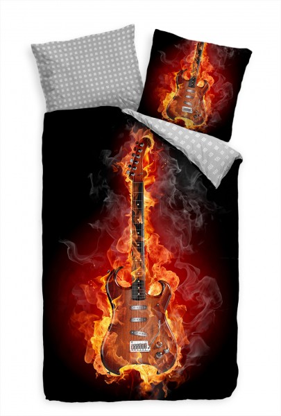 E-Gitarre Flammen Rock Schwarz Rot Bettwäsche Set 135x200 cm + 80x80cm Atmungsaktiv