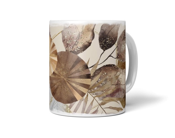 Dekorative Tasse mit schönem Motiv schönem Design Muster Kreise Pflanzen Blätter Gold Braun