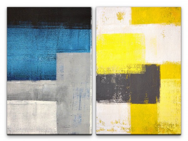 2 Bilder je 60x90cm Abstrakt Farben Wand Struktur Gelb Blau Minimal