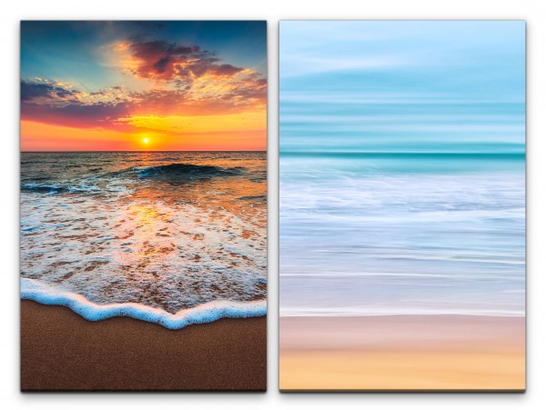 2 Bilder je 60x90cm Strand Wellen Meer Sonnenuntergang Beruhigend Entspannend Natur
