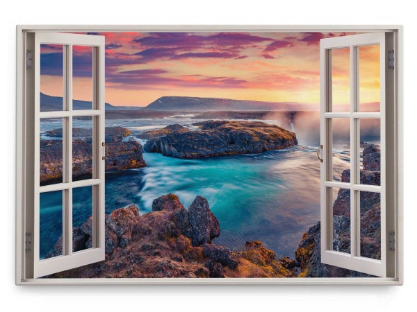 Wandbild 120x80cm Fensterbild Island Landschaft Berge Meer Küste Sonnenuntergang