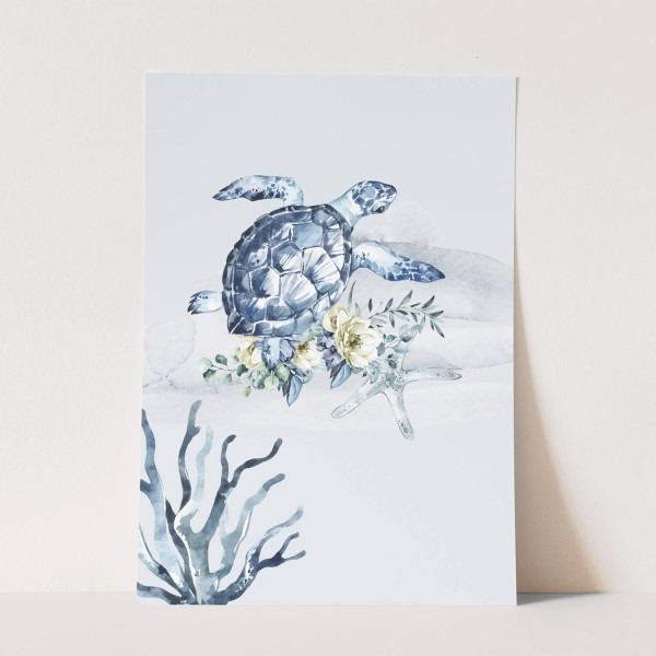 Wandbild Seeschildkröte Korallen unter Wasser Aquarell Blumen Seestern
