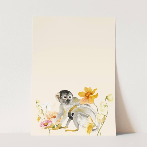 Wandbild Tier Motiv kleiner Affe Blumen Blüten Wasserfarben Orange