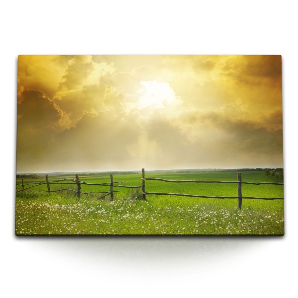 120x80cm Wandbild auf Leinwand Grüne Wiese Holzzaun Landschaftsbild Horizont