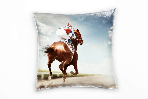 Tiere, Rennpferd, Reiter, Pferd, braun, beige, blau Deko Kissen 40x40cm für Couch Sofa Lounge Zierki