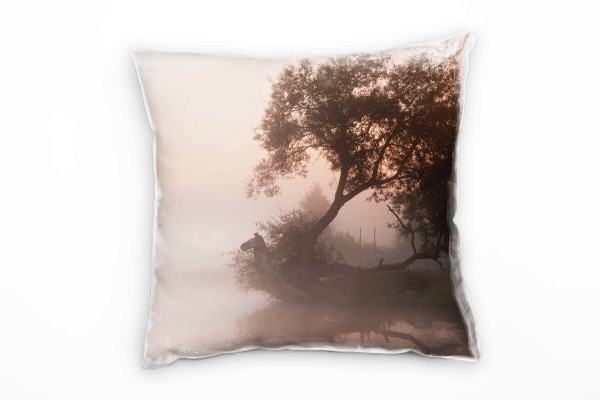 Natur, grau, orange, Baum im Nebel, Sonnenaufgang Deko Kissen 40x40cm für Couch Sofa Lounge Zierkiss