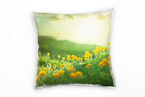 Blumen, grün, gelb, Sommerwiese am Morgen Deko Kissen 40x40cm für Couch Sofa Lounge Zierkissen