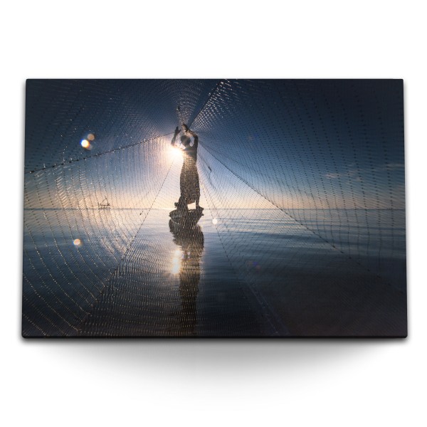 120x80cm Wandbild auf Leinwand Fischer Fischernetz Thailand Meer Horizont Sonnenuntergang