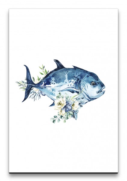Fisch Blau Blumen Blüten Kunstvoll Aquarell Dekorativ