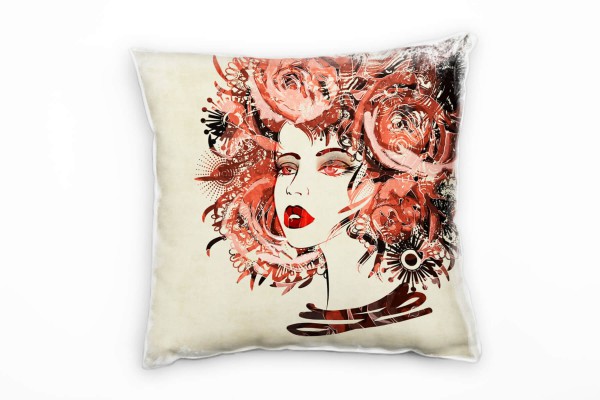 Abstrakt, rot, beige, Frauengesicht, Blumen, gemalt Deko Kissen 40x40cm für Couch Sofa Lounge Zierki