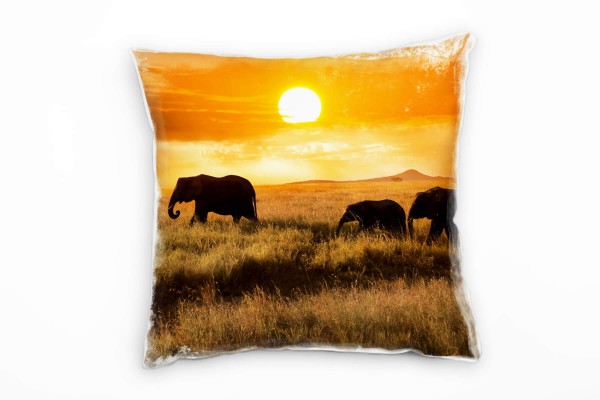 Tiere, Elefanten, Familie, Sonnenuntergang, orange Deko Kissen 40x40cm für Couch Sofa Lounge Zierkis