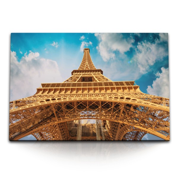 120x80cm Wandbild auf Leinwand Eiffelturm Paris Frankreich blauer Himmel