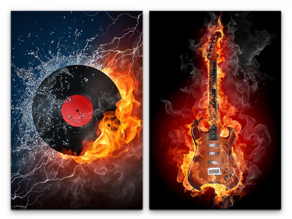 2 Bilder je 60x90cm E-Gitarre Flamen Feuer Heiß Musik Rock Schachfigur