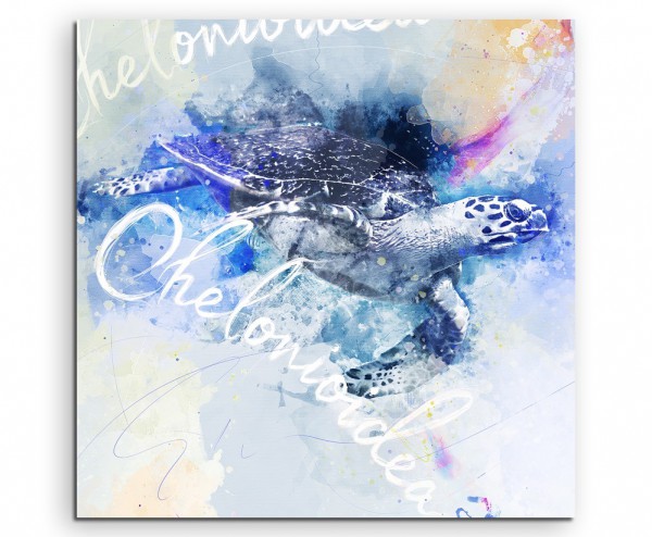 Schwimmende Seeschildkröte in Blautönen mit Kalligraphie