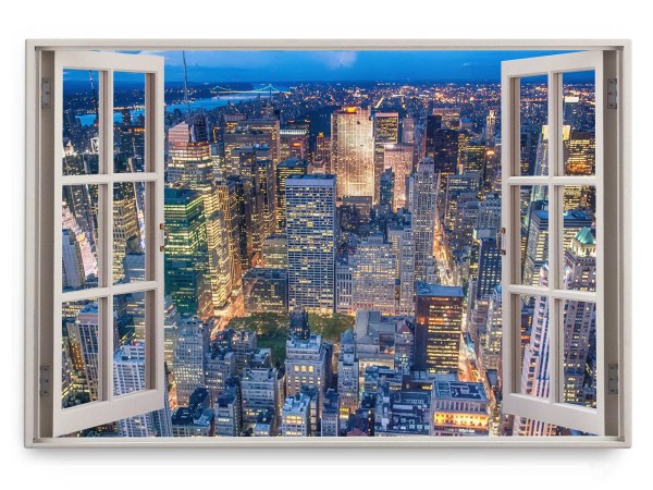 Wandbild 120x80cm Fensterbild Großstadt Hochhäuser Skyline Blau Stadtlichter