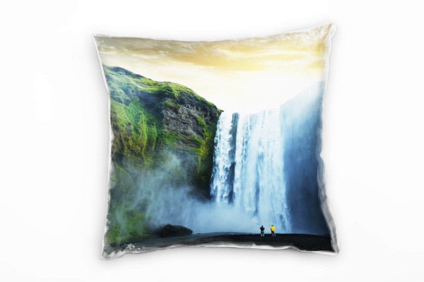 Landschaft, blau, grün, gelb, Wasserfall Deko Kissen 40x40cm für Couch Sofa Lounge Zierkissen