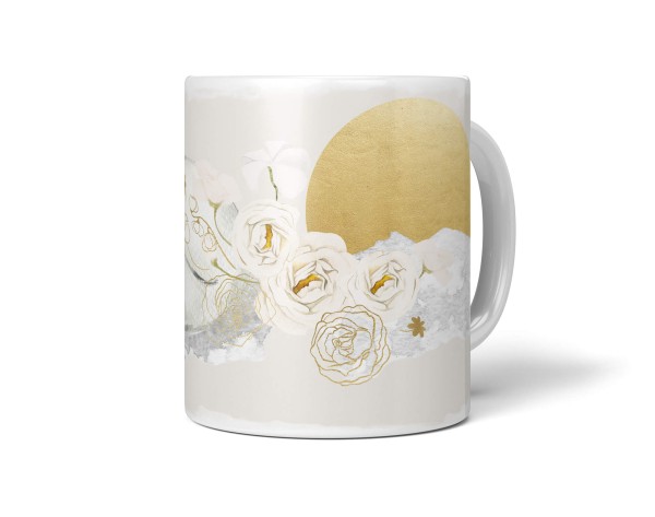 Tasse Porzellan Tier Motiv weißer Fuchs Blumen Blüten goldene Sonne