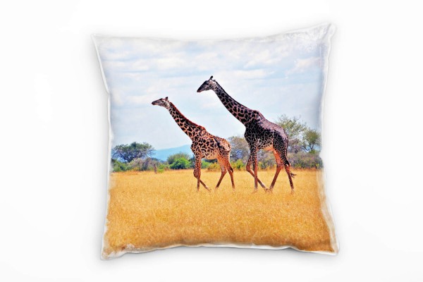 Tiere, zwei Giraffen, warm, braun, grün, blau Deko Kissen 40x40cm für Couch Sofa Lounge Zierkissen