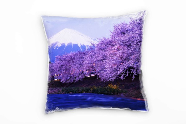 Landschaft, rosa, blau, Kirschblüte, Berg Fuji, abends Deko Kissen 40x40cm für Couch Sofa Lounge Zie