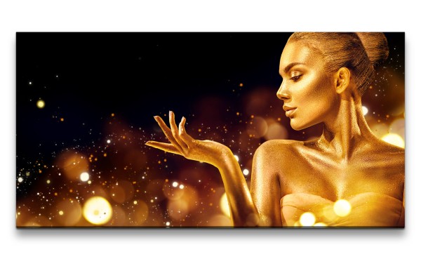 Leinwandbild 120x60cm Junge Frau Model Make-Up goldene Schminke Zauberhaft