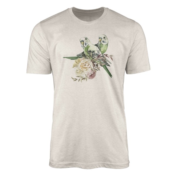 Herren Shirt Organic T-Shirt Aquarell Motiv Wellensittich Blumen Bio-Baumwolle Ökomode Nachhaltig F