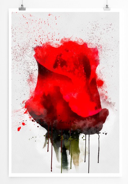 90x60cm Poster Illustration - Knallrote Rose im Splash Art Stil 