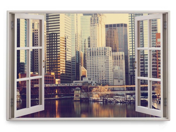 Wandbild 120x80cm Fensterbild Chicago USA Skyline Megacity Hochhäuser Kanal