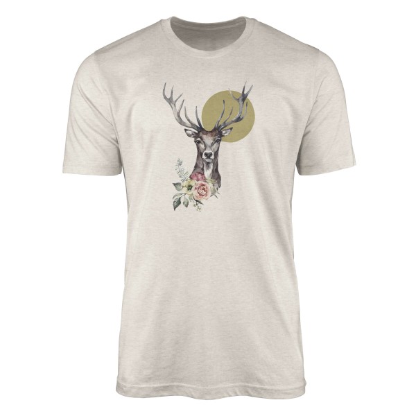 Herren Shirt 100% gekämmte Bio-Baumwolle T-Shirt Aquarell Hirsch Porträt Blumen Motiv Nachhaltig Ök