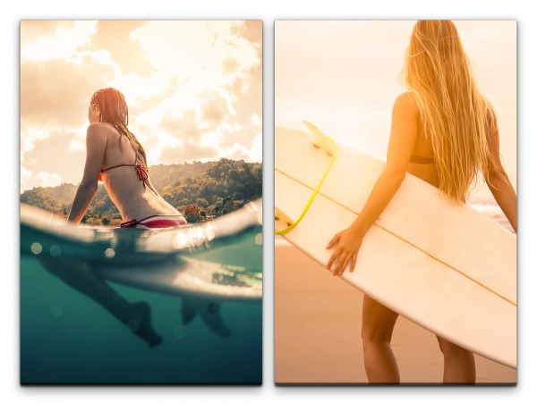 2 Bilder je 60x90cm Surferin Meer Strand Surfbrett Junge Frau Sportlich