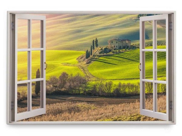 Wandbild 120x80cm Fensterbild Landschaft Grün Toskana Italien Hügel Landhaus