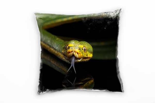 Tiere, Schlange, Baumpython, grün, gelb, schwarz Deko Kissen 40x40cm für Couch Sofa Lounge Zierkisse