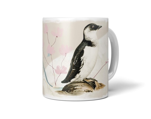 Dekorative Tasse mit schönem Vogel Motiv Pinguin Wasserfarben Pastelltöne Blumen