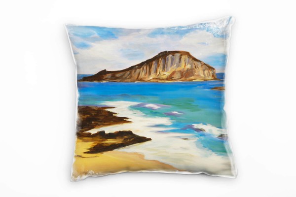 Strand und Meer, braun, blau, weiß, Hawaii, gemalt Deko Kissen 40x40cm für Couch Sofa Lounge Zierkis