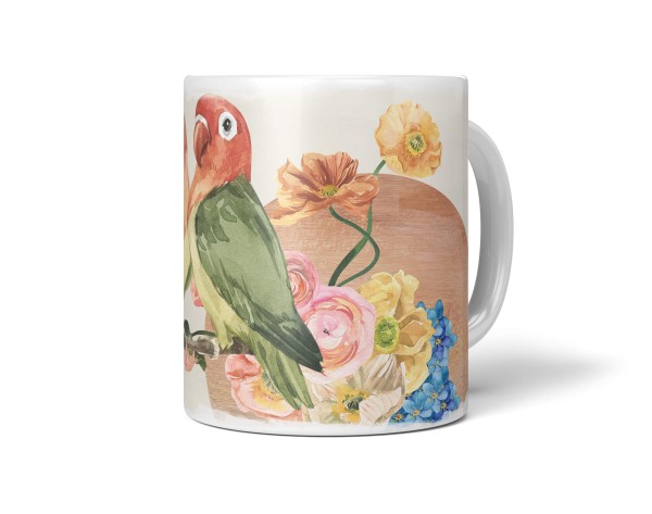 Dekorative Tasse mit schönem Vogel Motiv Wellensittiche Pärchen Blumen Blüten Exotisch Wasserfarben