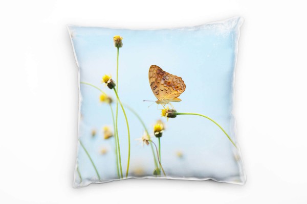 Tiere, Schmetterling, Blumen, blau, braun, gelb Deko Kissen 40x40cm für Couch Sofa Lounge Zierkissen