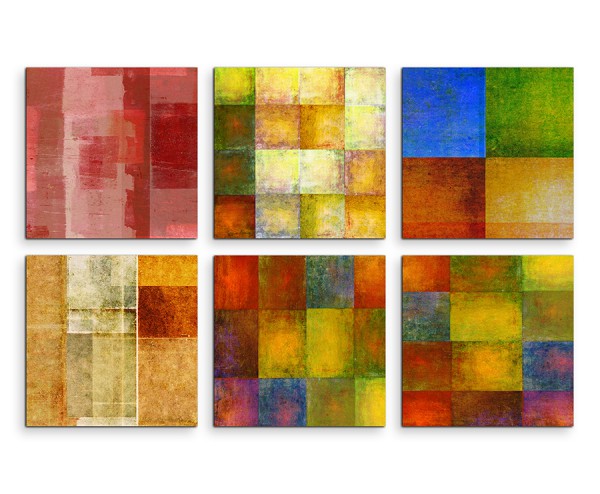 6 teiliges Leinwandbild je 30x30cm - Abstrakt Mehrfarbig Quadrate Muster