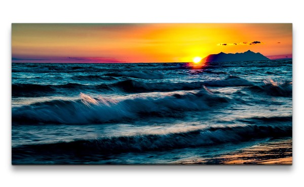 Leinwandbild 120x60cm Meer Wellen Horizont Sonnenuntergang Abendröte