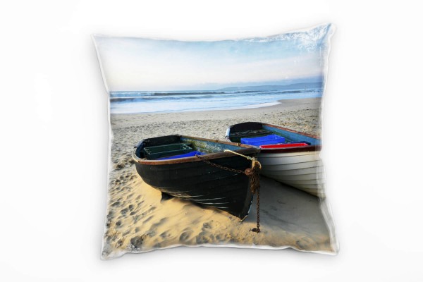 Strand und Meer, blau, beige, Boote am Strand Deko Kissen 40x40cm für Couch Sofa Lounge Zierkissen