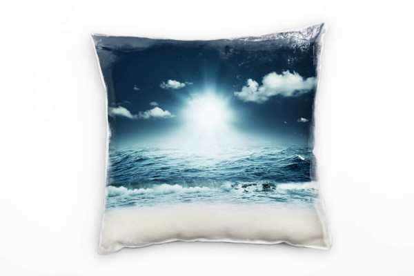 Strand und Meer beige, blau, Sonne über dem Meer Deko Kissen 40x40cm für Couch Sofa Lounge Zierkisse