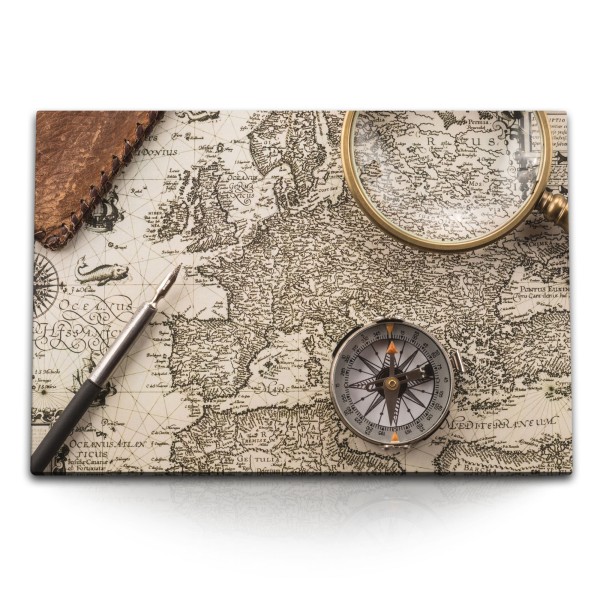 120x80cm Wandbild auf Leinwand Vintage Weltkarte Kompass Lupe Schreibfeder Karte