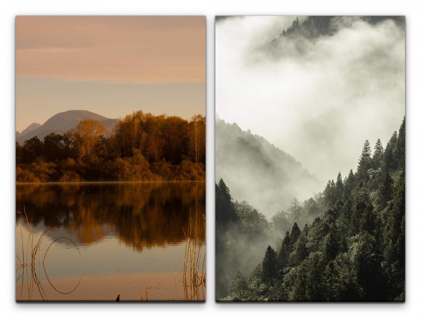 2 Bilder je 60x90cm Berge Fluss Tannenwald Nebel Wolken Natur Ruhig