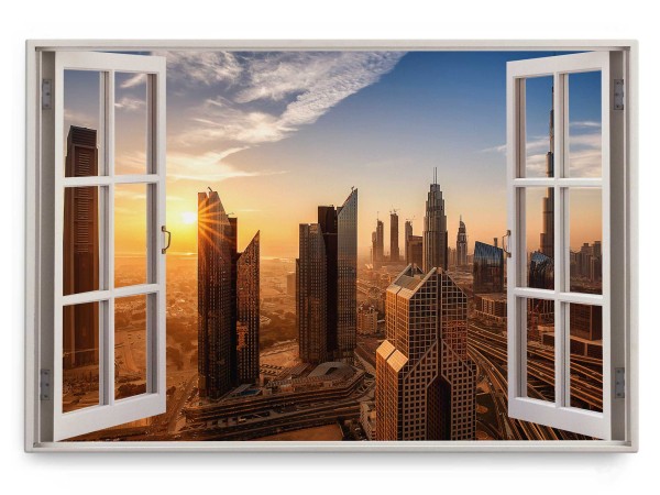 Wandbild 120x80cm Fensterbild Dubai Sonnenuntergang Abendrot Hochhäuser