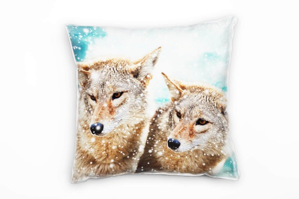 Tiere, braun, türkis, Schnee, zwei Kojoten Deko Kissen 40x40cm für Couch Sofa Lounge Zierkissen