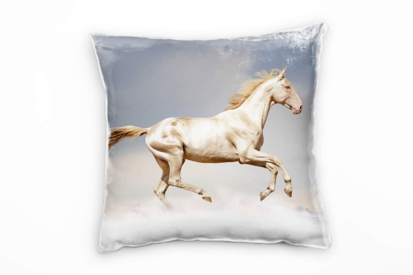 Tiere, beige, grau, weißes galoppierendes Pferd Deko Kissen 40x40cm für Couch Sofa Lounge Zierkisse