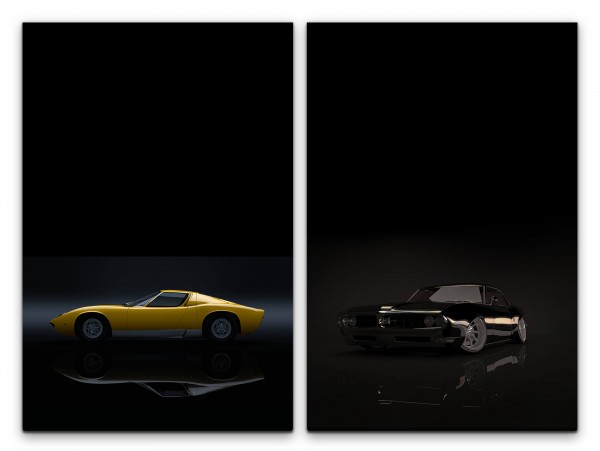 2 Bilder je 60x90cm Ferrari Gelb Musclecar GTO Oldtimer Traumauto Schwarz