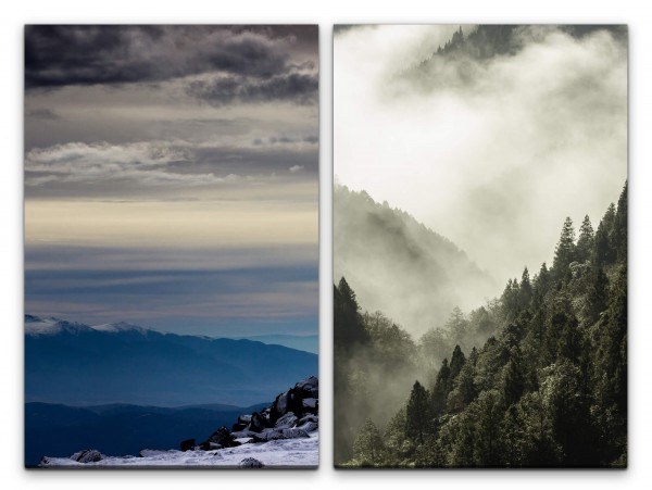 2 Bilder je 60x90cm Berge Tannen Nebel Wolken Natur Friedvoll Unberührt