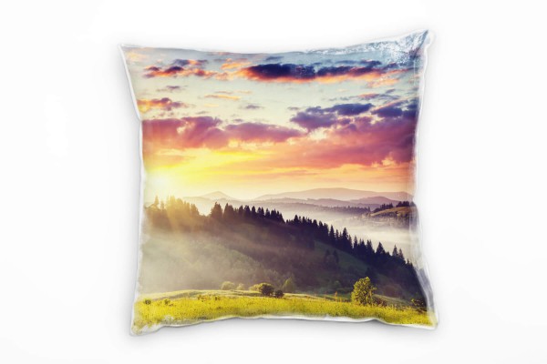 Landschaft, grün, orange, Wald, Sonnenaufgang, Ukraine Deko Kissen 40x40cm für Couch Sofa Lounge Zie
